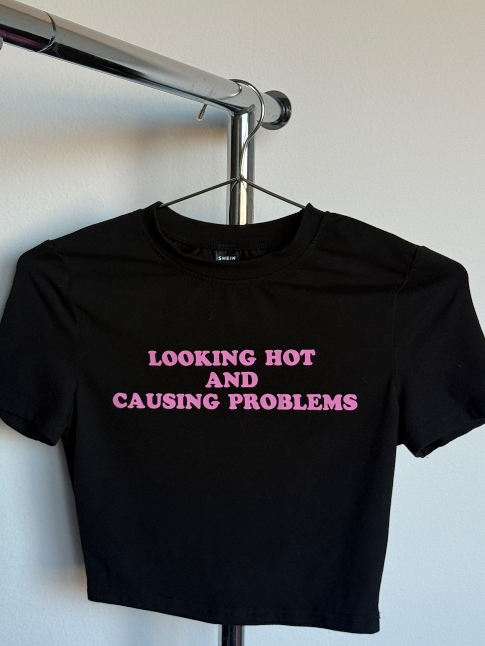 SHEIN Black Crop Tee with Pink Slogan Text